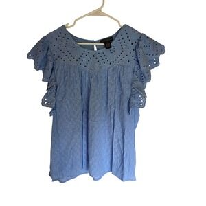Design 365 Blue Eyelet Flutter Sleeve Cotton Blouse Plus Size 2X Plus Coquette